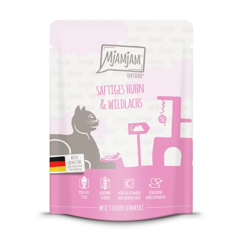 Ausverkauf Sparpaket 24 x 300 g Mjamjam Quetschie Saftiges Huhn und Wildlachs Katzen Nassfutter